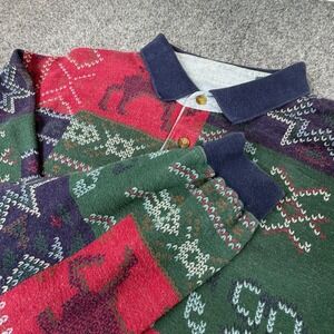 North River Mens XL Patchwork Reindeer Snowflake Long Sleeve Polo Shirt Vintage